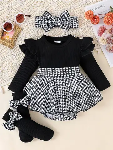 2PCS In Autumn, Baby Girls Aged 0-1 Years Old Have Comfortable Sweet And Cute Black Top + Houndstooth Skirt + Hair Band