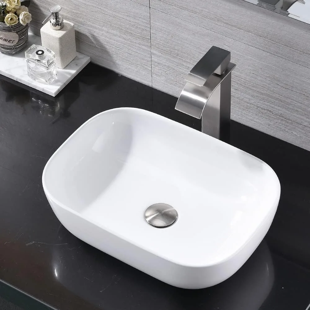 Rectangular Vessel Sink with Faucet and Drain Combination, Countertop Sink Under Cabinet, Washbasin for the Bathroom Tub