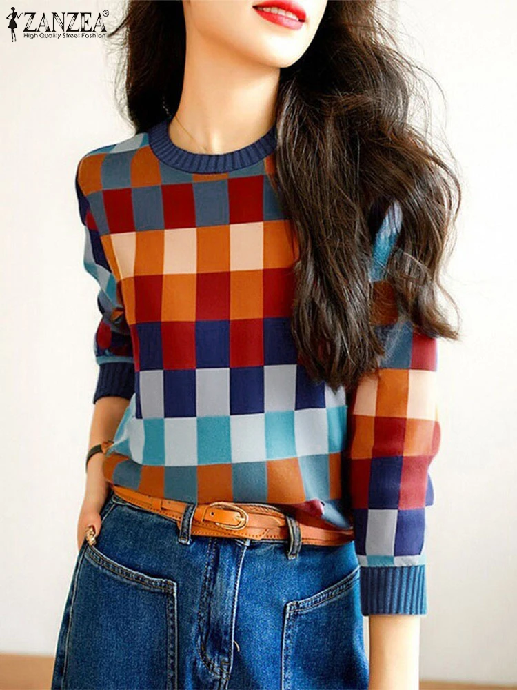 

ZANZEA Autumn Long Sleeve Tunics Fashion Women Knitted T-Shirts 2025 Casual O-Neck Vintage Tops Rainbow Plaid Print Stylish Tees