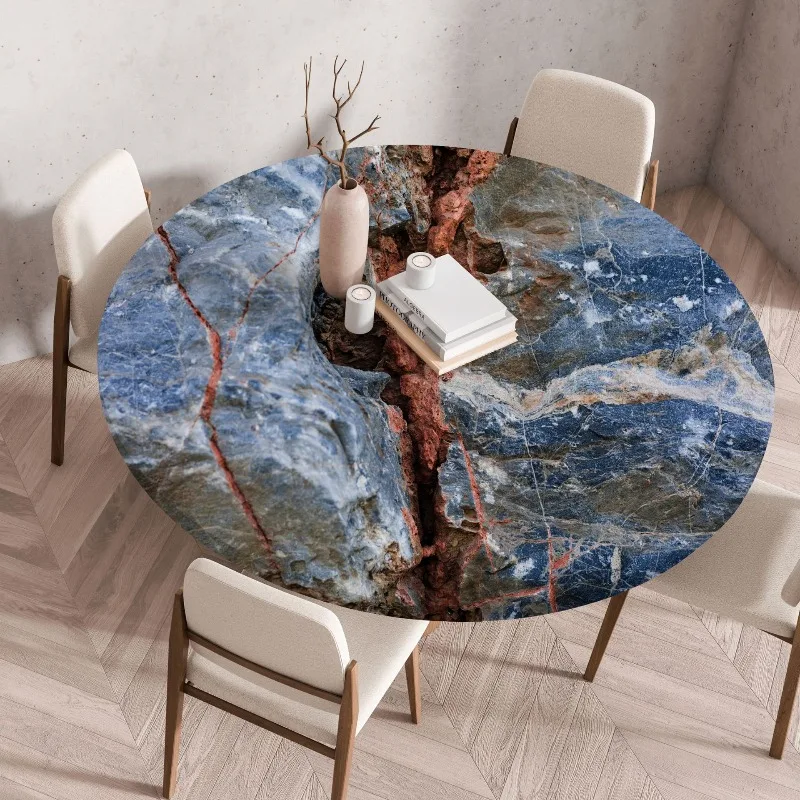 Tablecloth, Table Cloth, No-wash, Waterproof, Oil-proof, Marble-textured, Wood-patterned, Printed, Elastic and Tight Round Cloth
