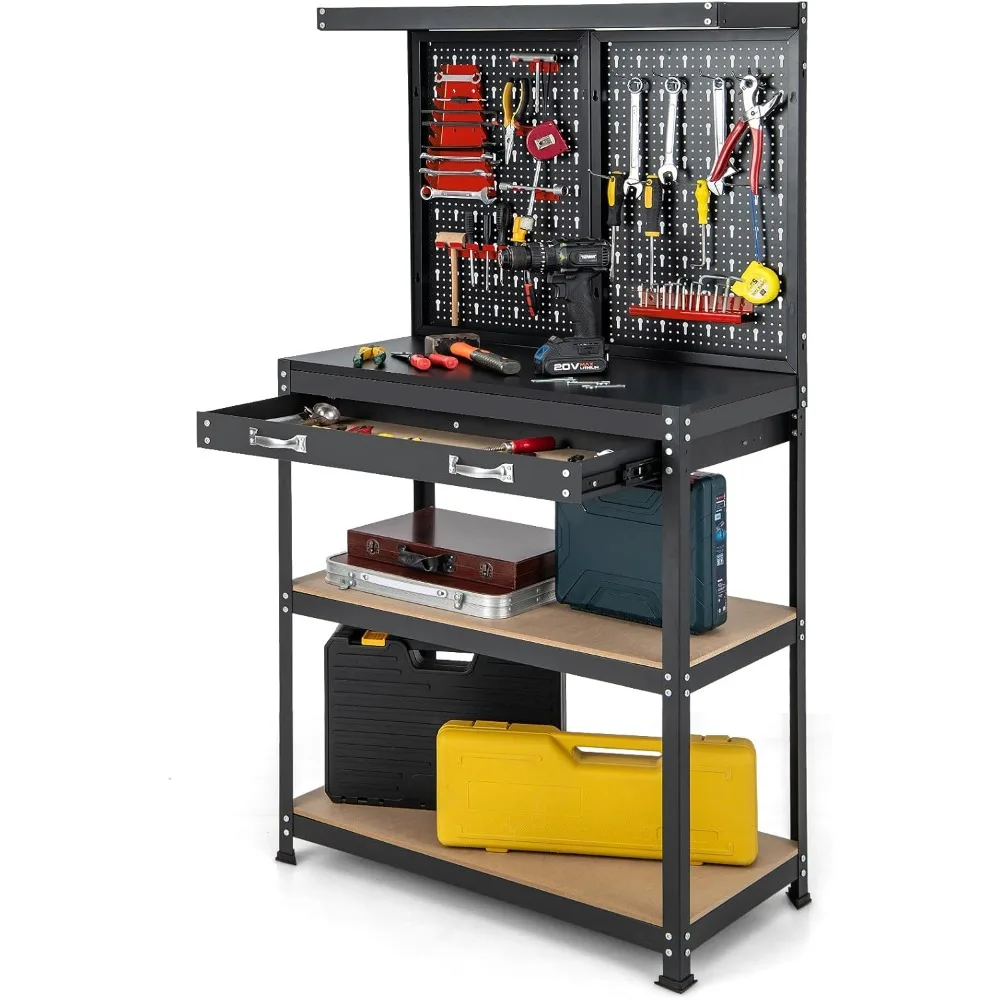 

Workbench, Work Table with Drawer, Pegboard, Hanging Accessories, Topping Space, 4-Tier Heavy Duty Metal Tool Storage