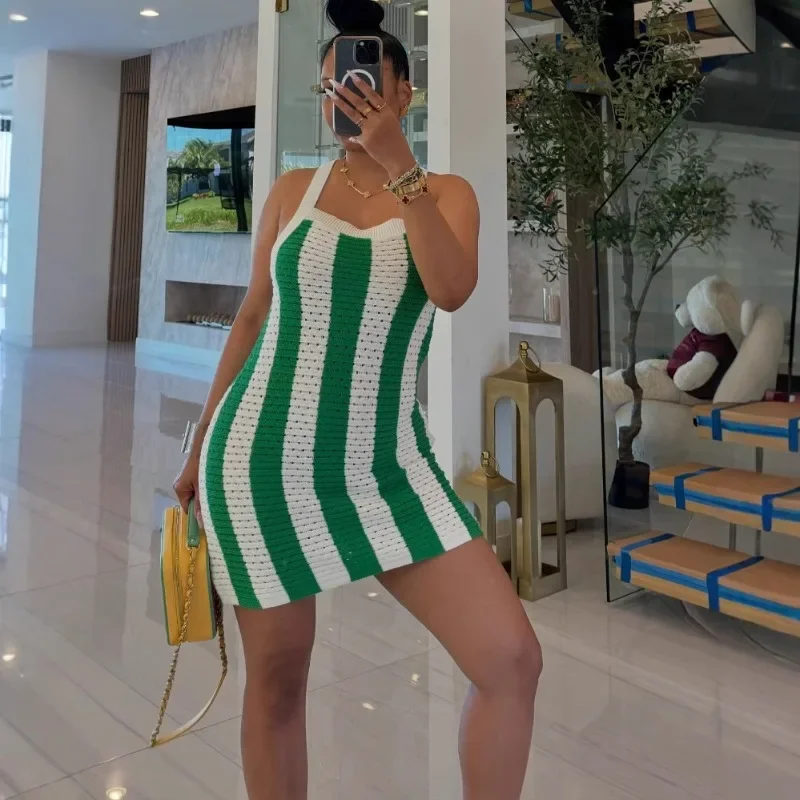 GUWU femmes rayé tricot côtelé sans manches sangle moulante été robe de plage soirée Sexy fête robes de rue robes