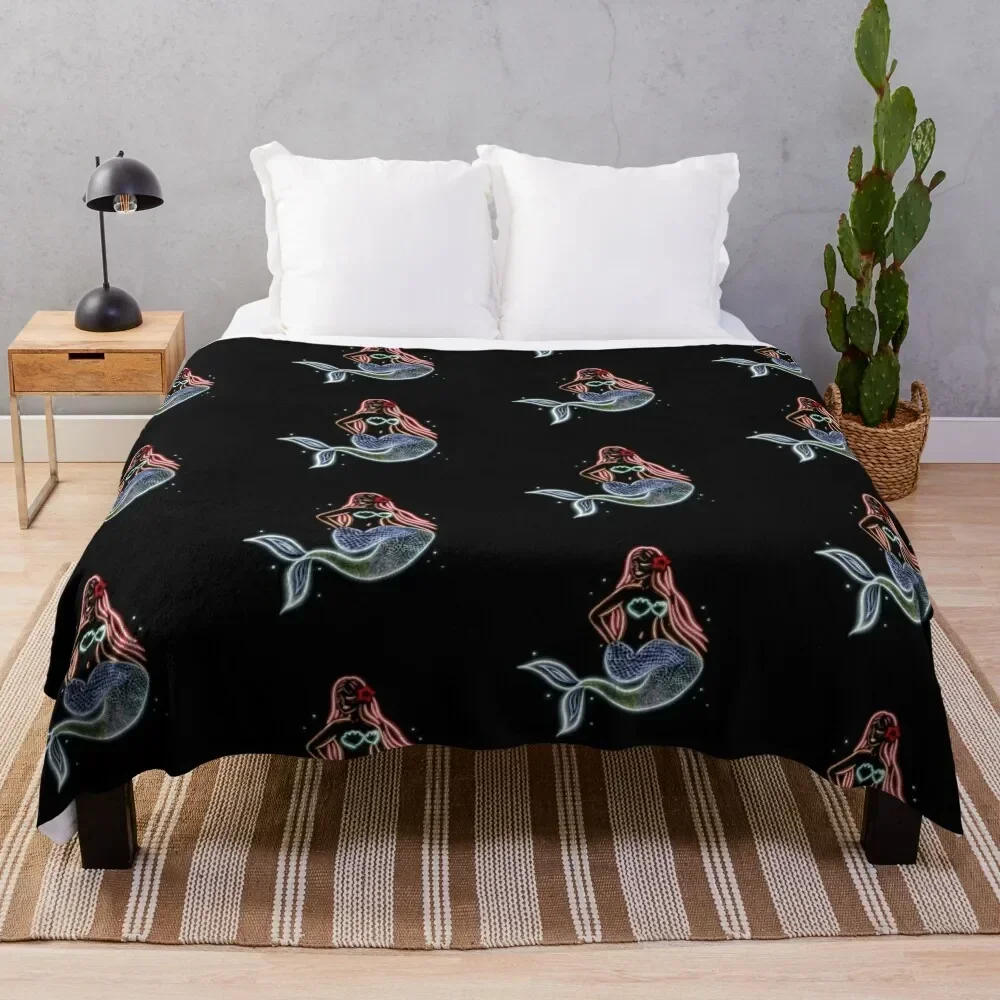 neon light mermaid Throw Blanket Warm Plush Fuzzy Blanket for Living Room