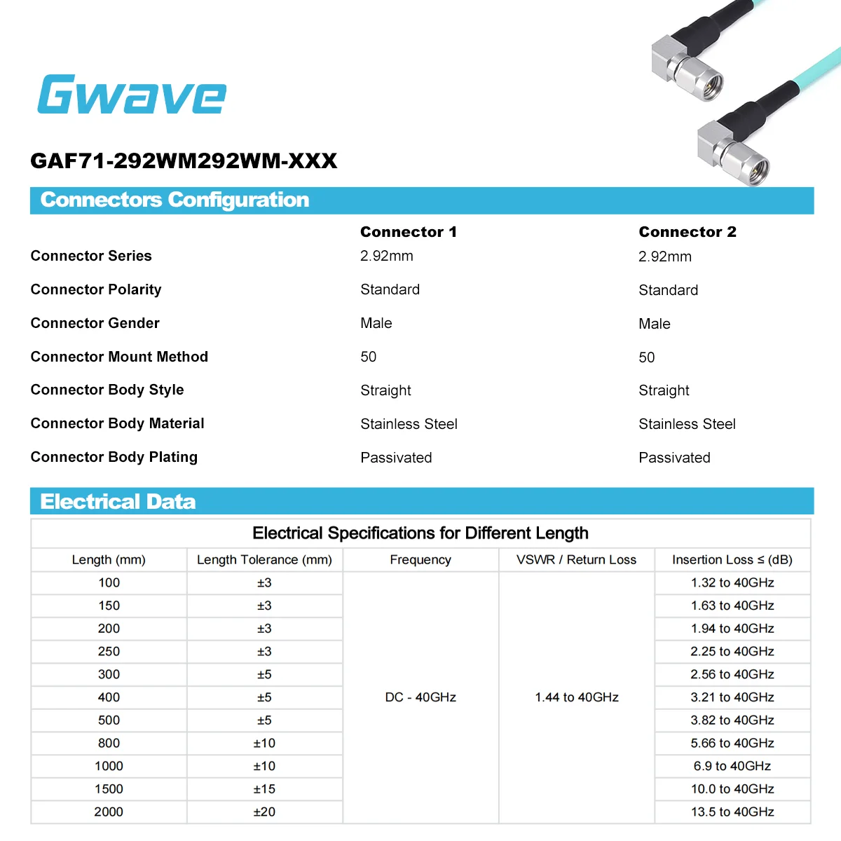 2.92 Male Right Angle To 2.92 Male Right Angle Cable RG-405SS Flexible Coax For DC-40GHz Communication For Communication Cables