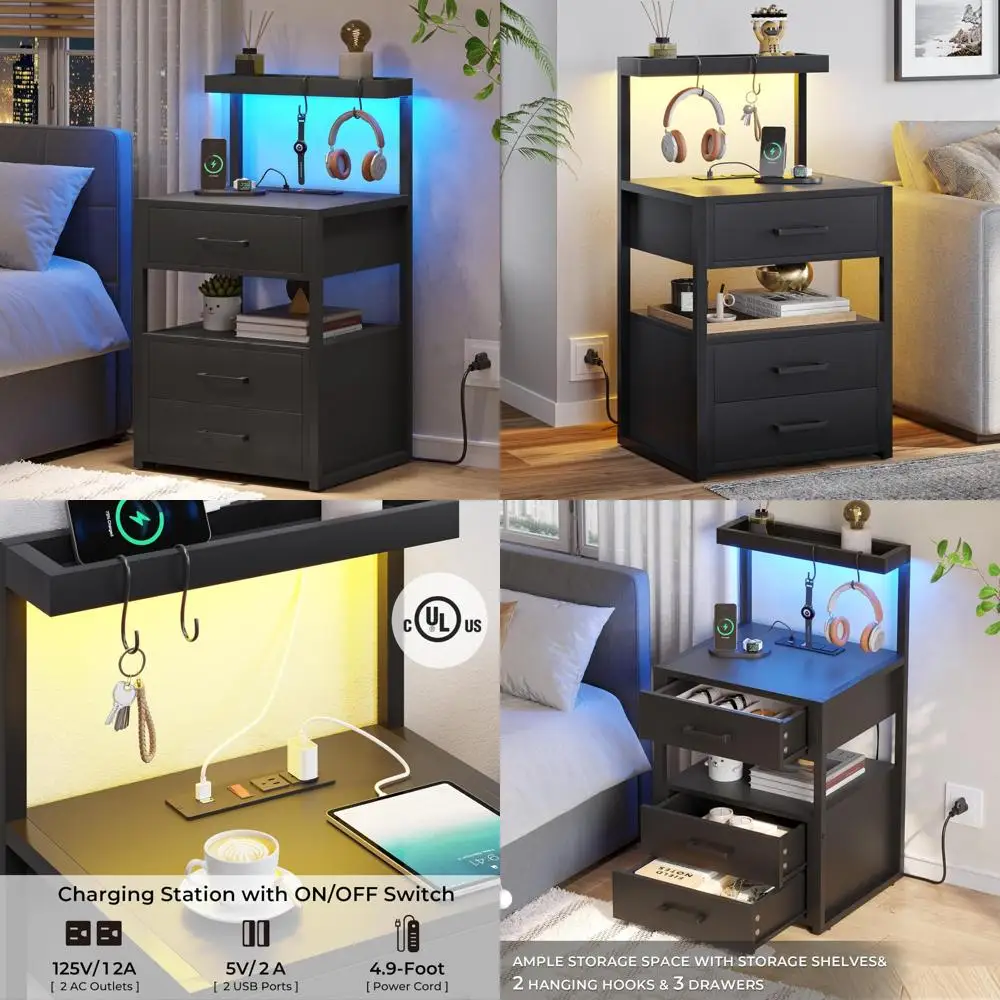 

Современная прикроватная тумбочка со светодиодной подсветкой и зарядным портом и 3-мя ящиками, с полками для хранения черного цвета.
