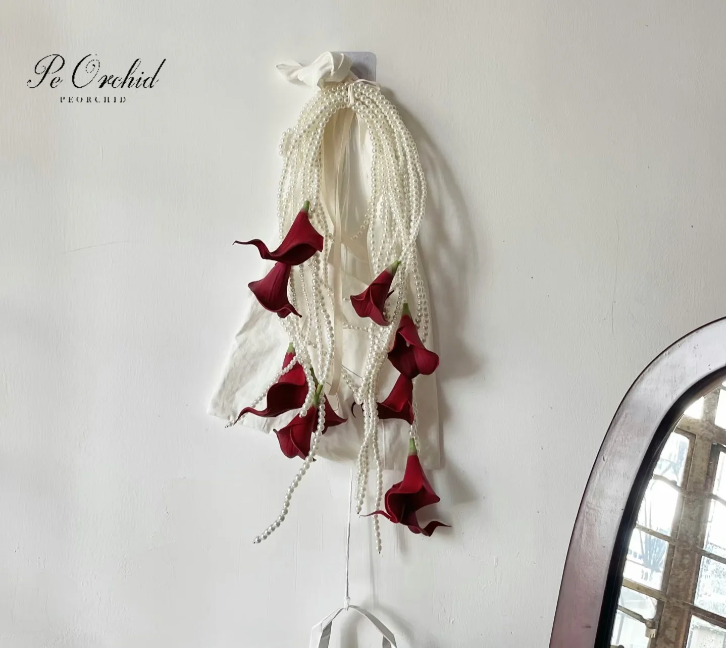 PEORCHID Modern Cascading Pearl Wedding Bridal Hoop Bouquet Calla Lily Handmade Artificial Bridesmaid Flowers Hand Bouquet