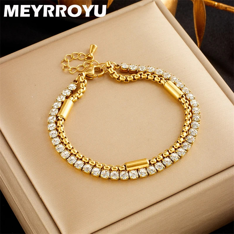 MEYRROYU 316 Stainless Steel White Zircon Double Chain Bracelet For Women New Arrival Jewelry Gift Bijoux Exquisite Accessories