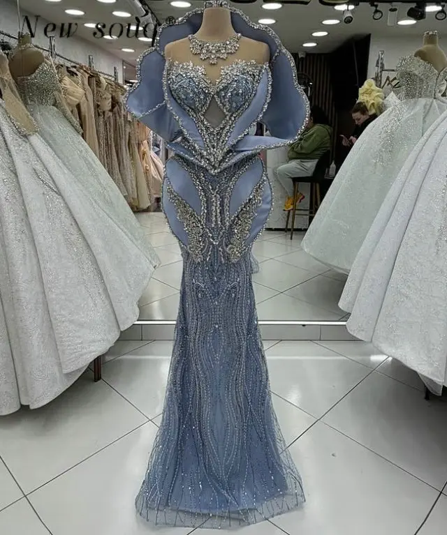 

Gorgeous Blue Crystals Evening Dresses Long Mermaid Party Dress Customized High Fashion Wedding Prom Gowns Formal for Ladies