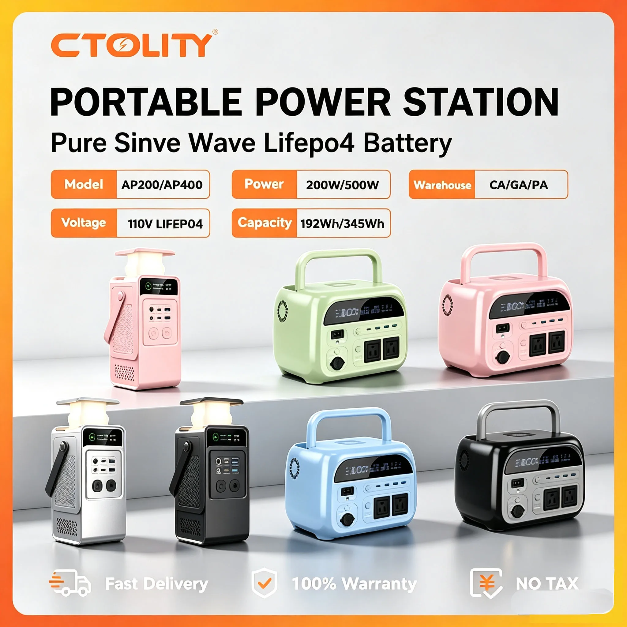 CTOLITY AP200 200W 192Wh Power Bank, AP400 500W Portable Power Station-345.6Wh LiFePo4 Battery AC Charging Station Camping Equipment