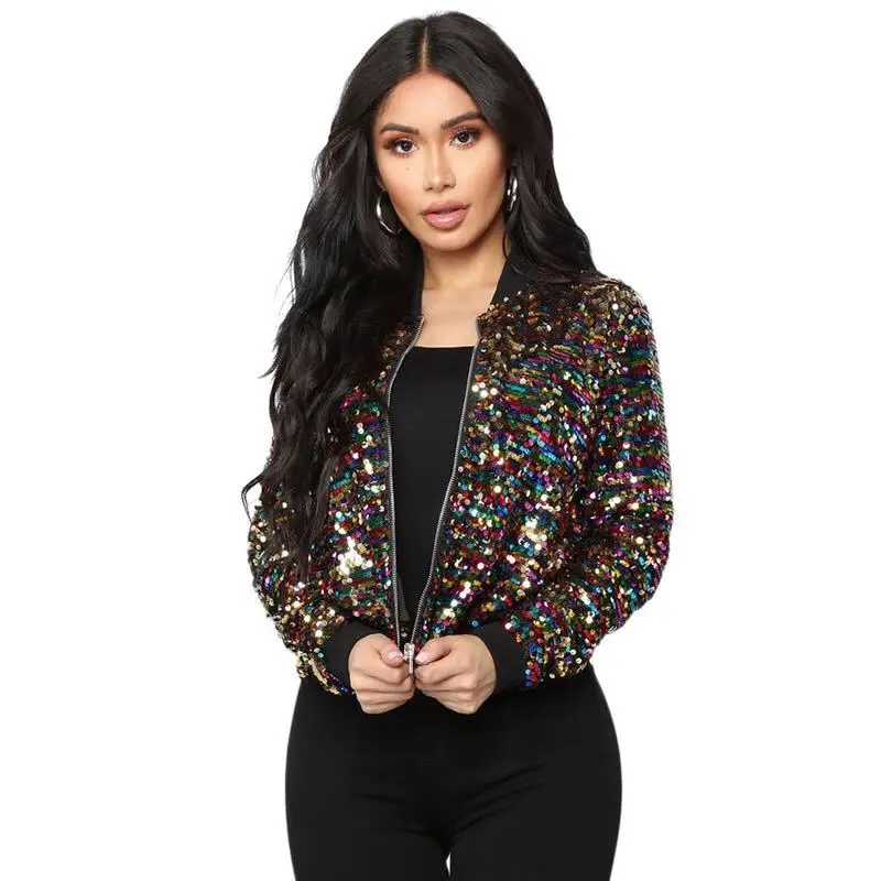 2022 Women Bomber Gradient Color Sequins Baseball Jacket Beaded Embroidered Sequined Zipper Pilot Coat Stage Show Dance Outwear