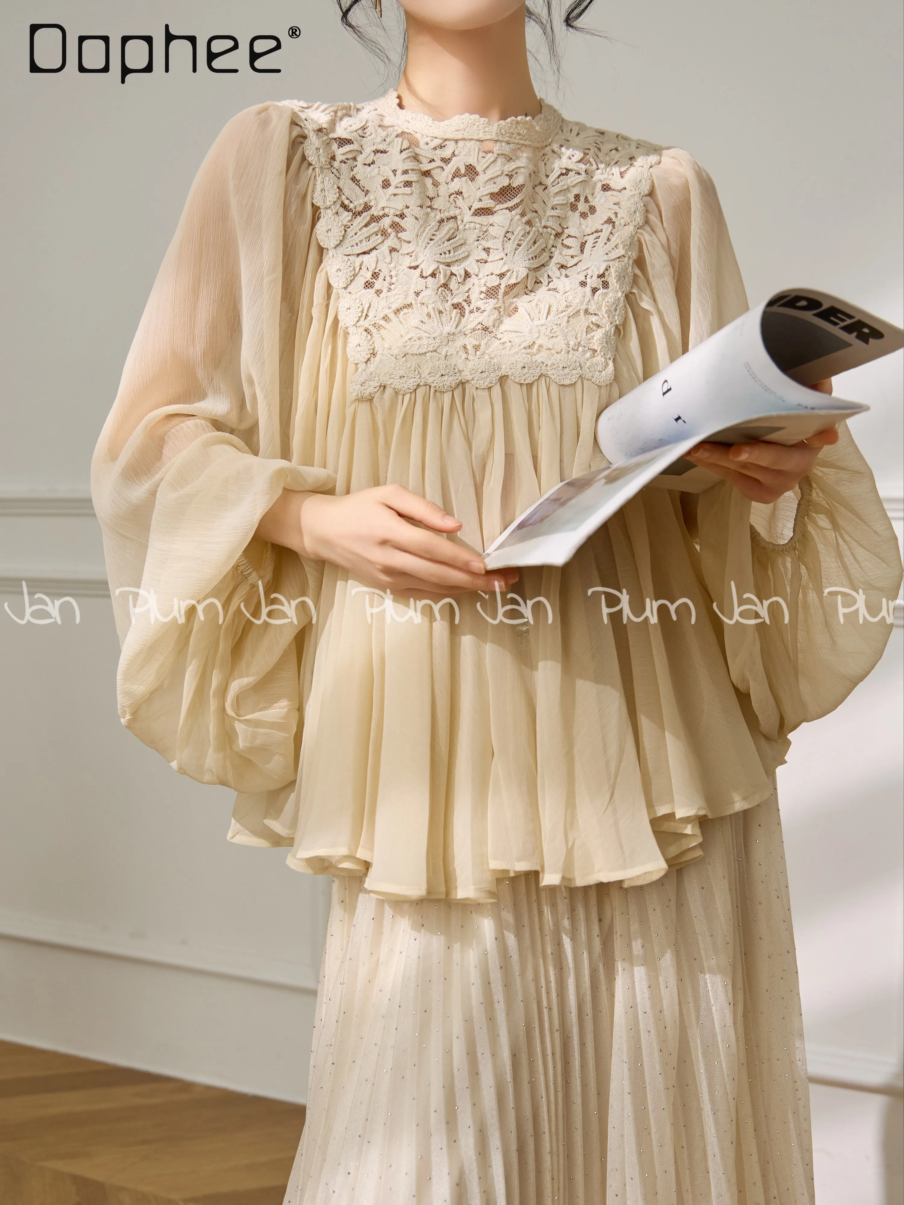 

Французская Изысканная Рубашка с Кружевными Вставками и Рукавами-Фонариками, Новинка Весны, Элегантная Свободная Блузка для Светских Дам