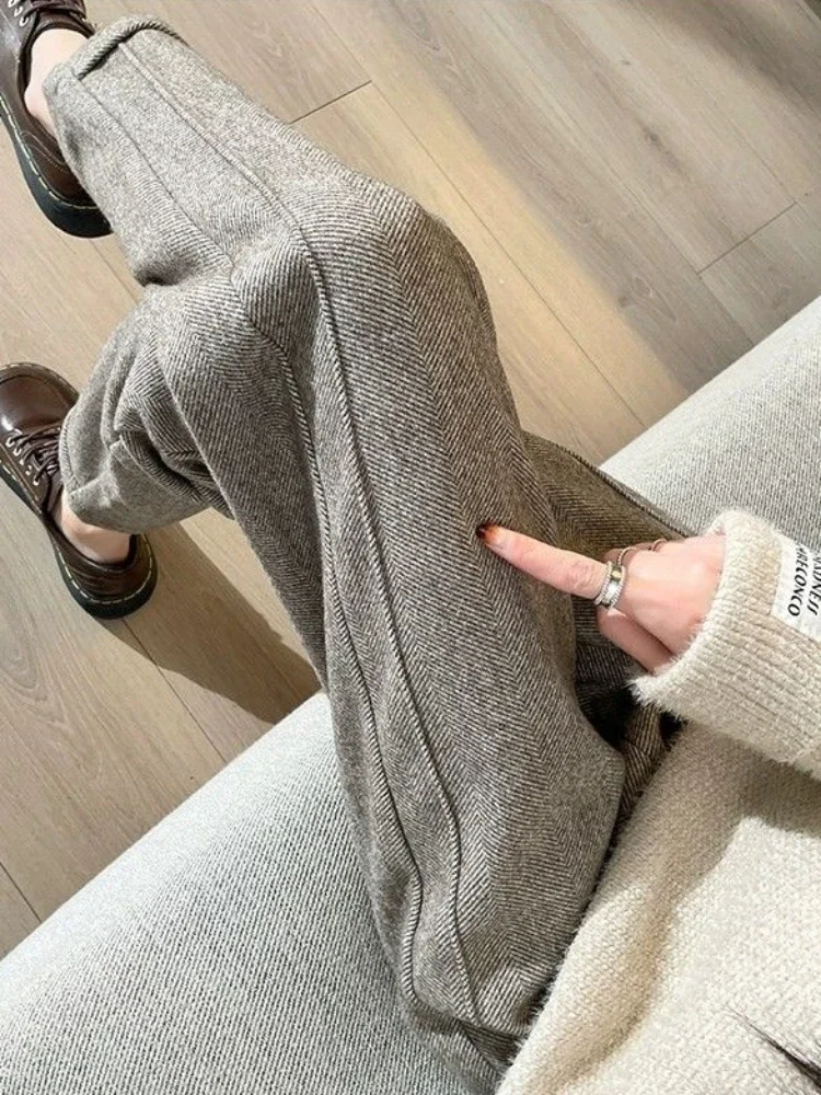 

Winter Woolen Pants for Women Thicken Warm Ankle-Length Harem Pants Office Lady Khaki Elastic Waist Fashion Women's Trousers