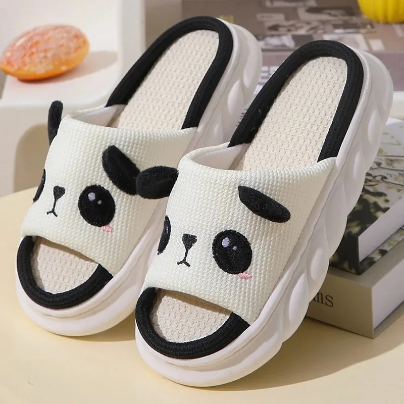 

Women Milk Cow Linen Slippers Four Seasons Men Indoor Sandals Adults Cartoon Slides Couples Cute Breathable Home Shoes