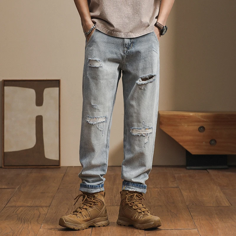 Japanese loose Harem pants spring and autumn retro vintage casual and versatile trendy cargo ripped jeans for men clothing