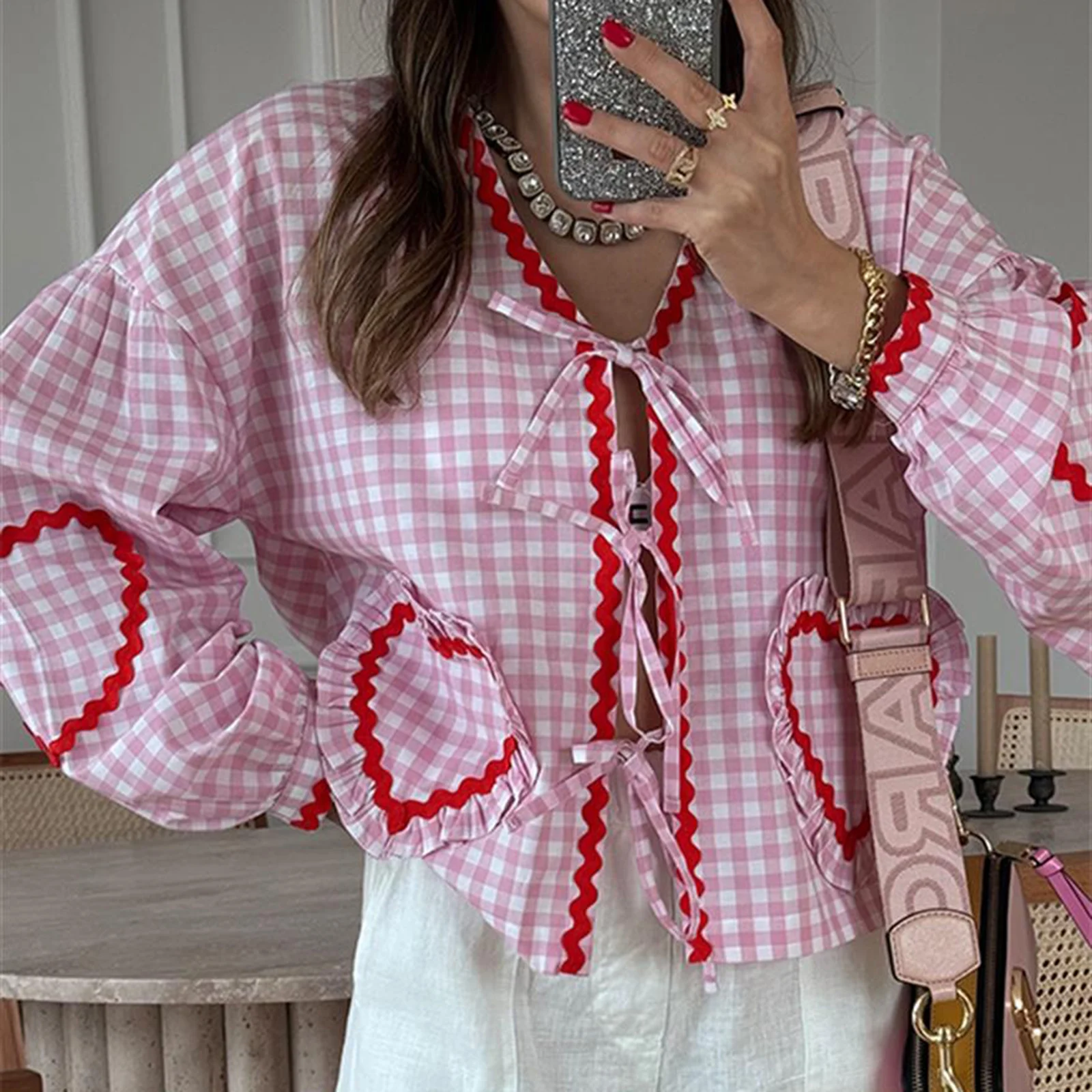 

Women's Aesthetic Casual Plaid Print Shirt Long Sleeve V-Neck Bow Tie-Up Front Ric Rac Trim Loose Blouse