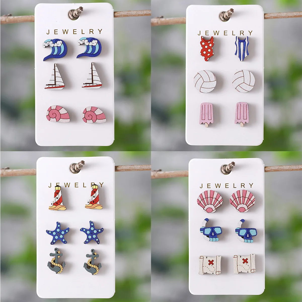 3 Pairs / Set Print Wood Starfish Bikini Shell Summer Beach Triple Stud Earrings Women Cute Jewelry Gifts Wholesale