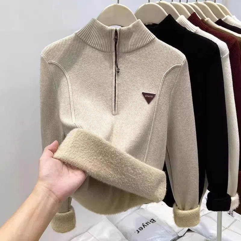 

Утепленный свитер на молнии с флисовой подкладкой для женщин, базовый слой, осенне-зимняя теплая внутренняя одежда, облегающий вязаный топ с высоким воротником