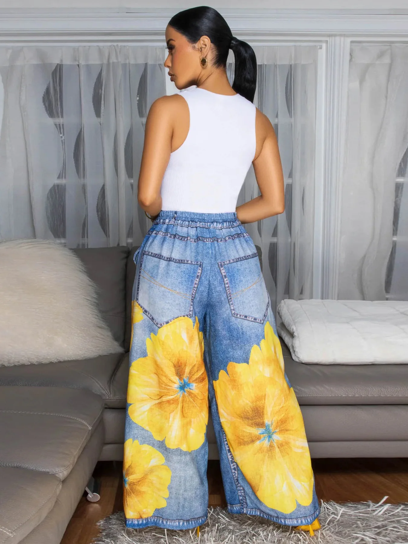 กางเกงลำลองทรงขาบานพิมพ์ลายดอกไม้สำหรับผู้หญิง ผ้าฝ้าย เอวสูง ทรงหลวม สำหรับวัยกลางคน...