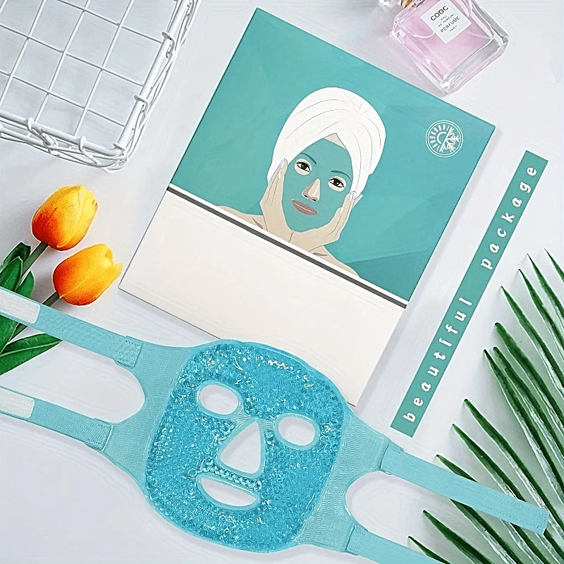 قناع وجه جل آيس باك قابل لإعادة الاستخدام بتصميم شريط مطاطي - ساخن/بارد لمنتجعات السبا والمنتجعات الصحية والعناية اليومية بالوجه وتقليل الحمى