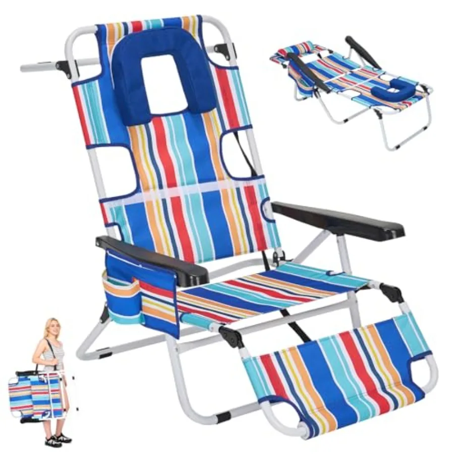 

Beach chair for tanning and reading, heavy-duty polyester fabric, blue stripes, 5-position folding with face hole, headrest, ar