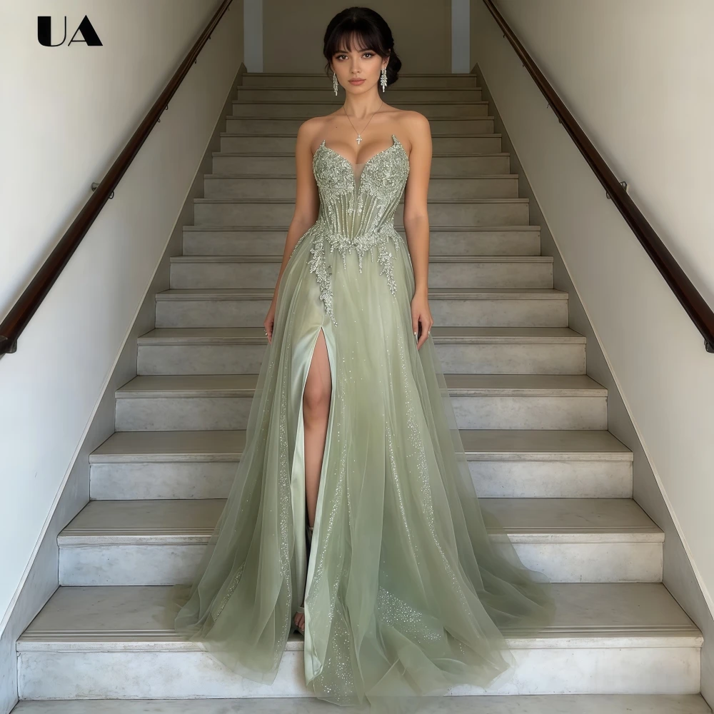 

ULBYANRY Customized A-line Embroidered V-neck Prom Dress, Luxury Sleeveless High-slit Evening Dress for Woman, Elegant Ball Gown