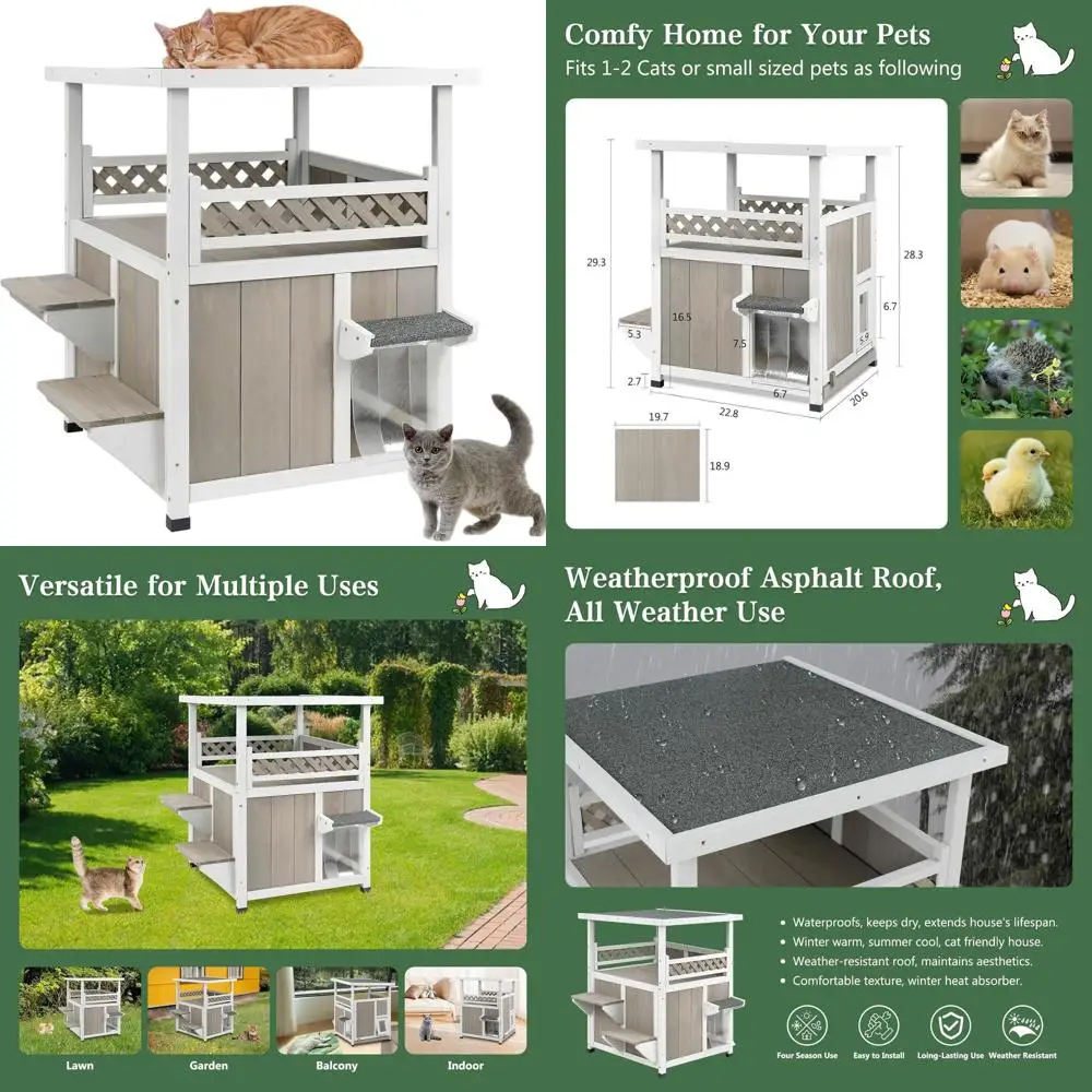 

Two-Story Weatherproof Outdoor Cat House with Balcony and Dual Escape Doors for Feral Cats