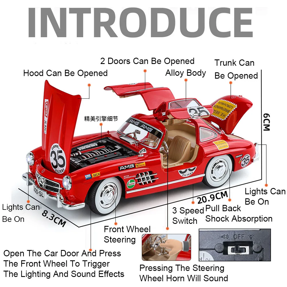 1:24 in miniatura 300SL modello di auto d'epoca giocattoli pressofusi in lega suono luce porte aperte tirare indietro assorbimento degli urti ornamenti modelli