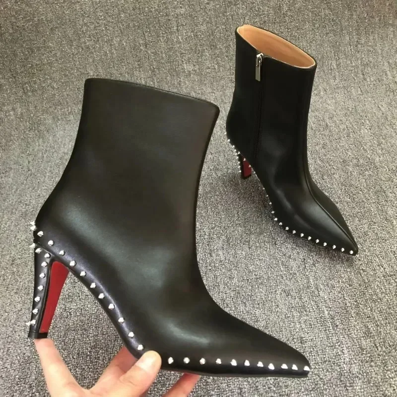 

2023 NEW Top Quality Red Bottom Boots for Women Sexy Pointed Toes with Silver Rivets Ladies Ankle Boots Luxury High Heels Shoes