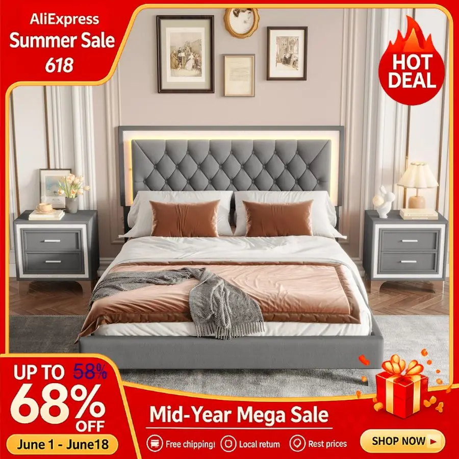 

Harper Bright Designs 3 Pieces Bedroom Sets, Farmhouse Queen Size Upholstered Platform Bed with Headboard, LED Lights and 2 Nig