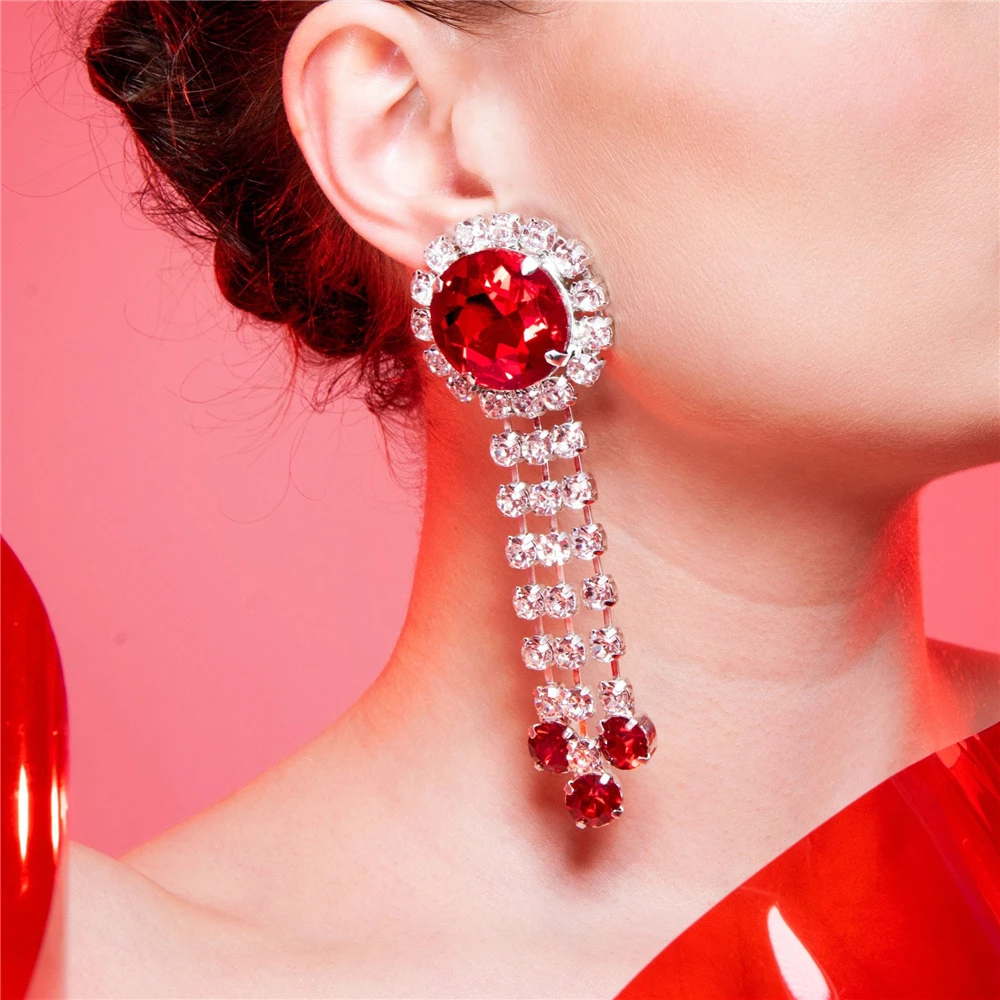 Fashion Long Tassel Red Crystal Drop Earrings for Women Bijoux Geometric Full Rhinestone Earrings Statement Jewelry Gifts