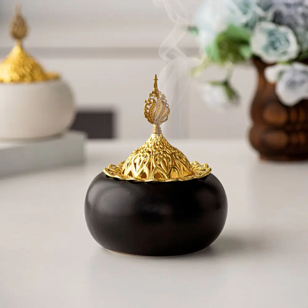 Portable Ceramic Incense Burner Golden Lid Arabian Dome Design Bakhoor Holder Round Ornament Incense Burning Tray Living Room
