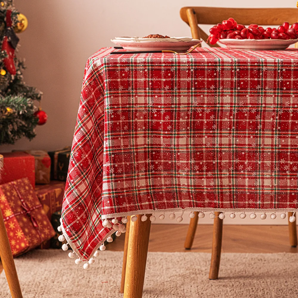 Snow Globe Printed Tablecloth for Coffee Table, Dresser Cover, Decorative Background, Plaid, Christmas and New Year