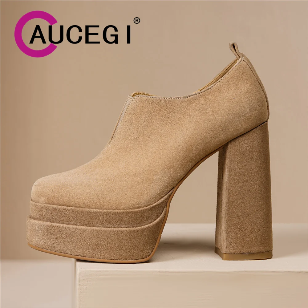 Aucegi New Fashion Women's Spring Autumn Platform Thick High Heels Pumps Classical Simplicity Square Head Zipper Dress Shoes