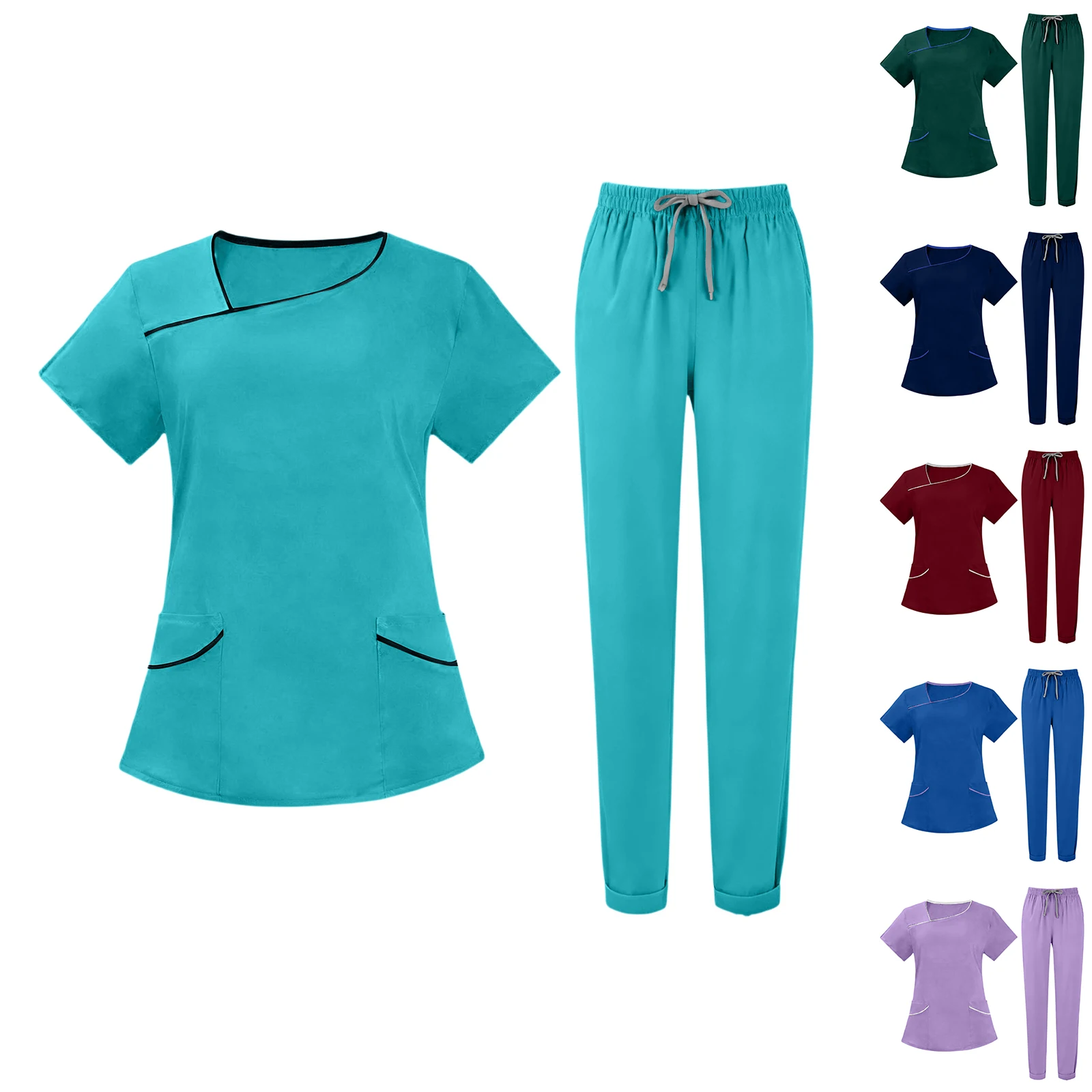 Женский комплект скрабов для медсестры, асимметричный вырез, короткий рукав, разноцветные длинные брюки с контрастными карманами, медицинская уютная профессиональная спецодежда