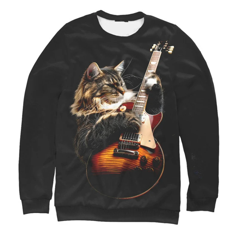 

New Men's Sweatshirts Fashion 3D Guitar Cat Printed Long Sleeves For Man Summer Casual Round Neck Tops Oversized Funny T Shirt