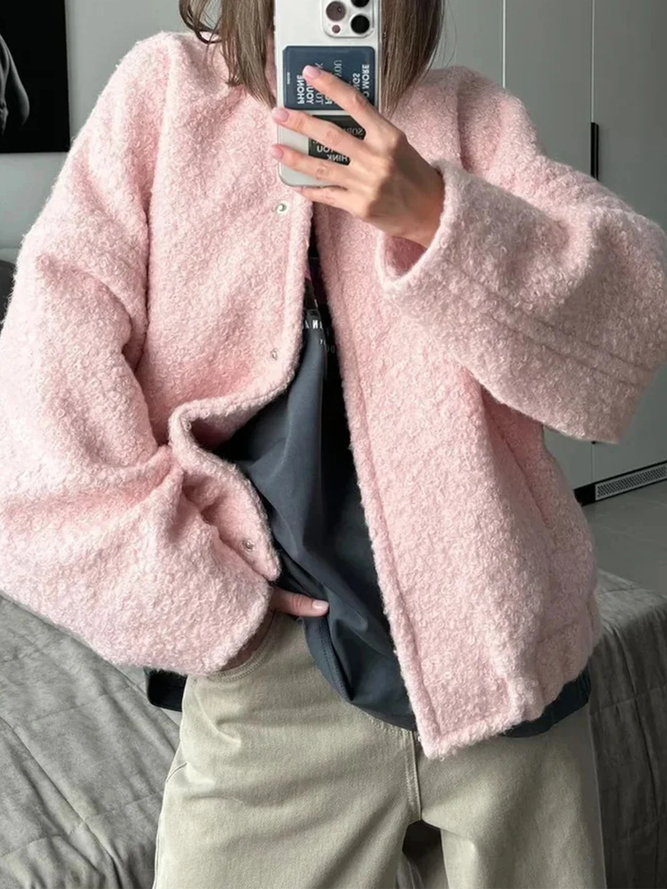 

Women's Casual Long Sleeve Jacket Autumn Solid Color Stand Collar Button Detail Regular Fit Daily Wear