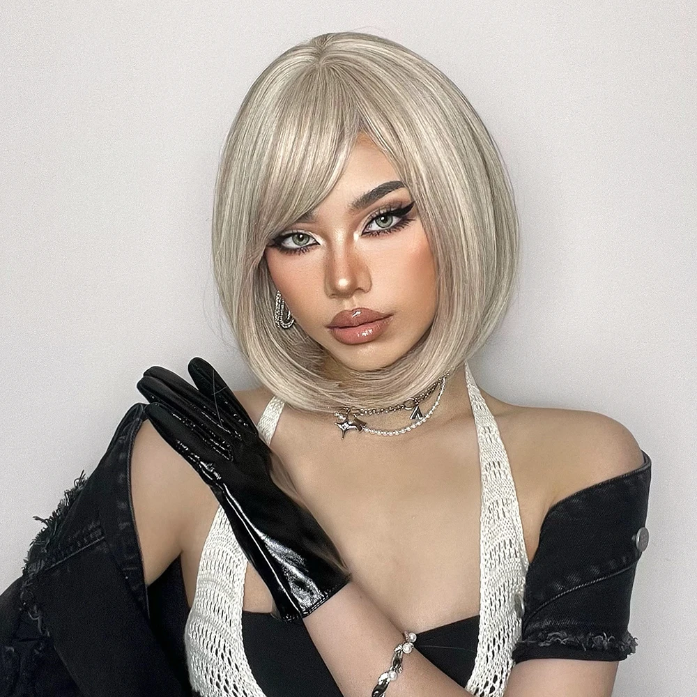 Light Blonde Wigs with Bangs Short Straight Cosplay Bobo Synthetic Wig for Women Cute Natural Hair Wig Heat Resistant Fibre