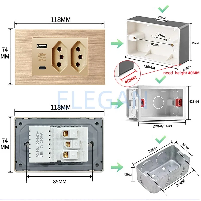 ELEGAN Gold Brazil Aluminum Wire Panel Standard Outlet Double USB Type-C Wall Power Socket Light Switch Office 118*74mm 10A/20A image 3