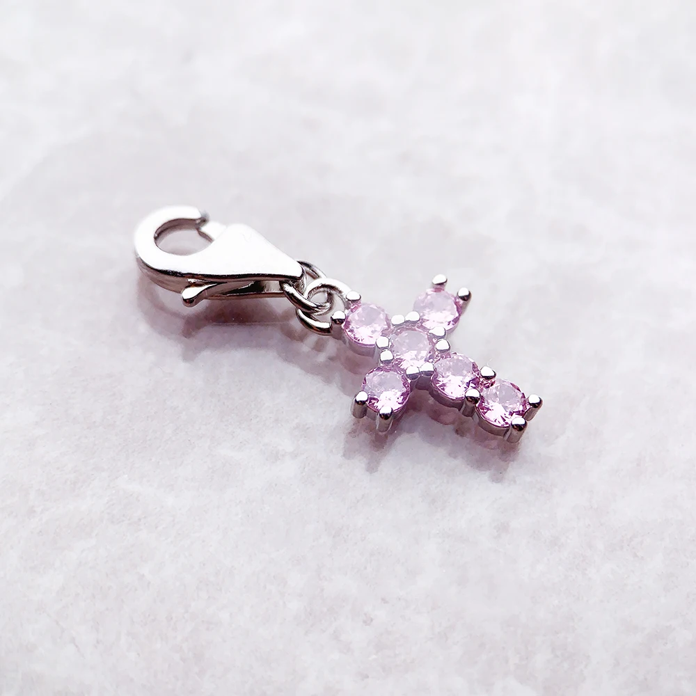 Pink Stone Cross Charm Pendant 925 Sterling Silver New DIY Jewelry Romantic Accessories For Women