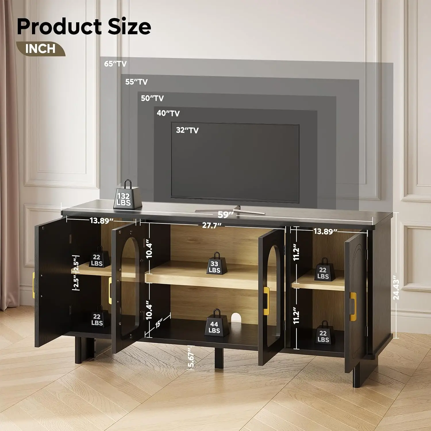 Mid-Century TV Stand 65'' TV Arched Glass Door Black Console Adjustable Shelf 132lb Cable Management 5.6in Clearance, Customized