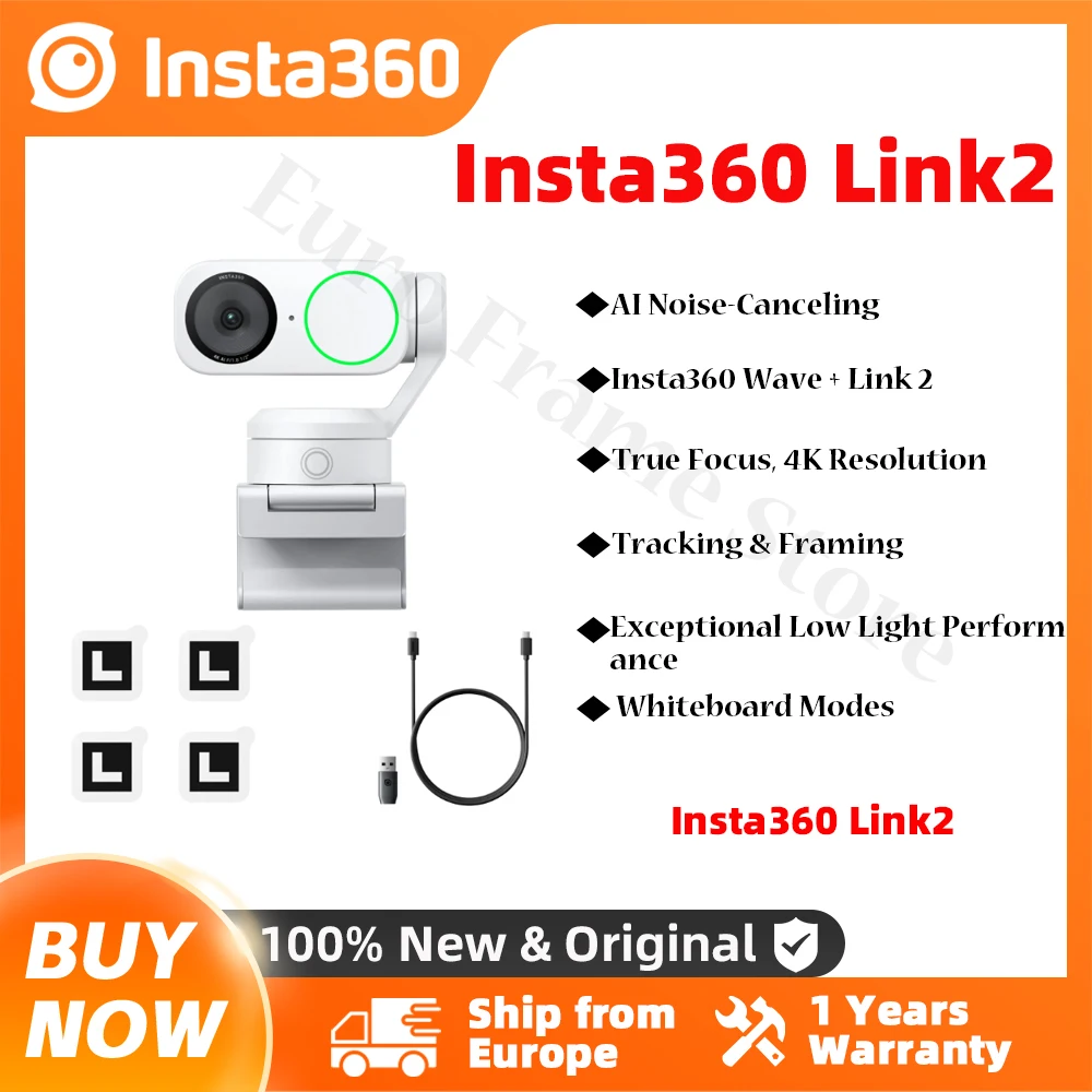 Insta360 Link 2 – PTZ 4K-Webcam für PC/Mac, 1/2 "Sense, AI-Tracking, HDR, AI Oise-Cancelling-Mikrofon, Gesture Control Link 2