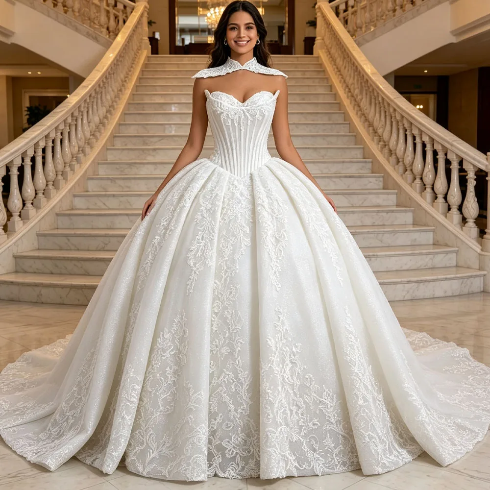 Sweetheart Bridal Dress Detachable Neck Sleeveless Lace Up Back Sequined Embroidery Wedding Dress Customizable