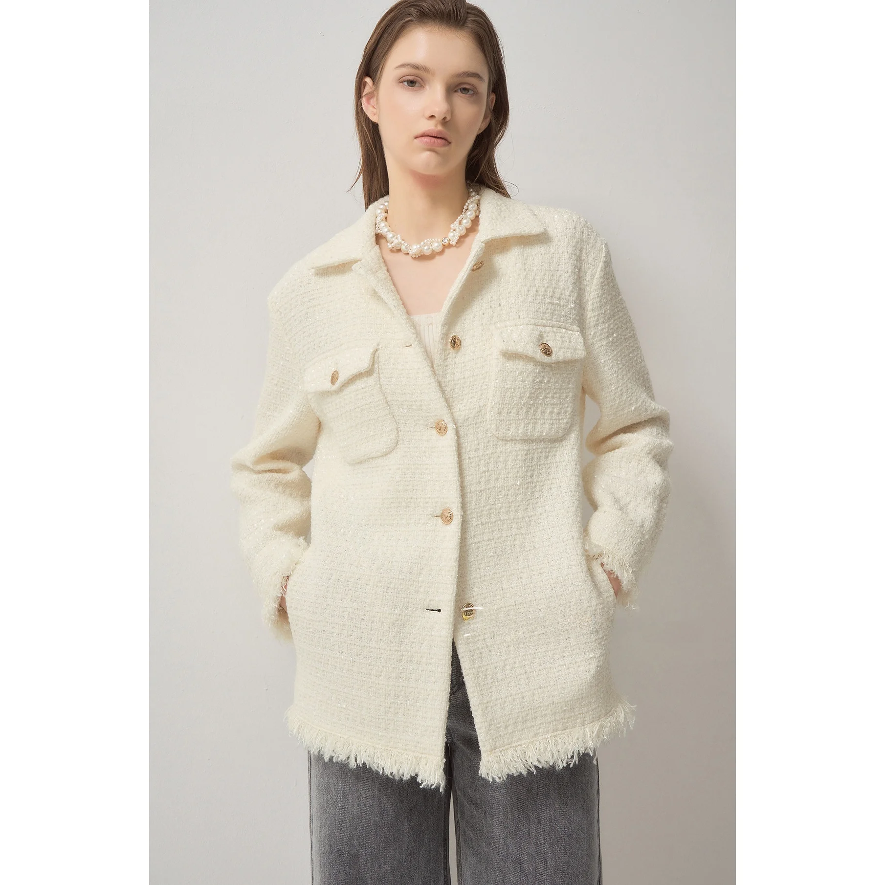 

Commute Woolen Shirt Jacket Flared Collar Flocking Slimming Elegant Style Women's Fashion Winter Outerwear Long Sleeve Button