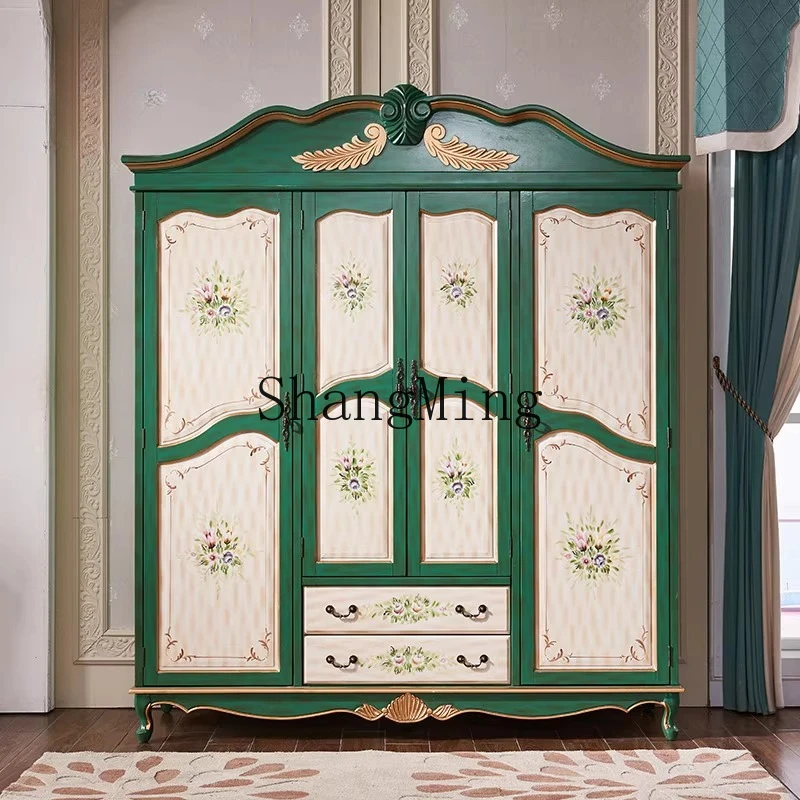 

ZYY solid wood frame bedroom wardrobe antique painted cabinet pastoral distressed four-door large wardrobe