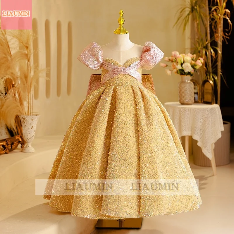 

Flower Girl Dresses for Wedding Tulle Princess Sequins With Bowknot Short Sleeve Holy First Communion Gowns Party Pageant Kids