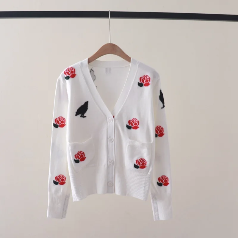 Autumn and Winter NewtbFull Body Rose Flower and Bird JacquardVCollar Long Sleeve Knitted Cardigan College Style Versatile Sweat