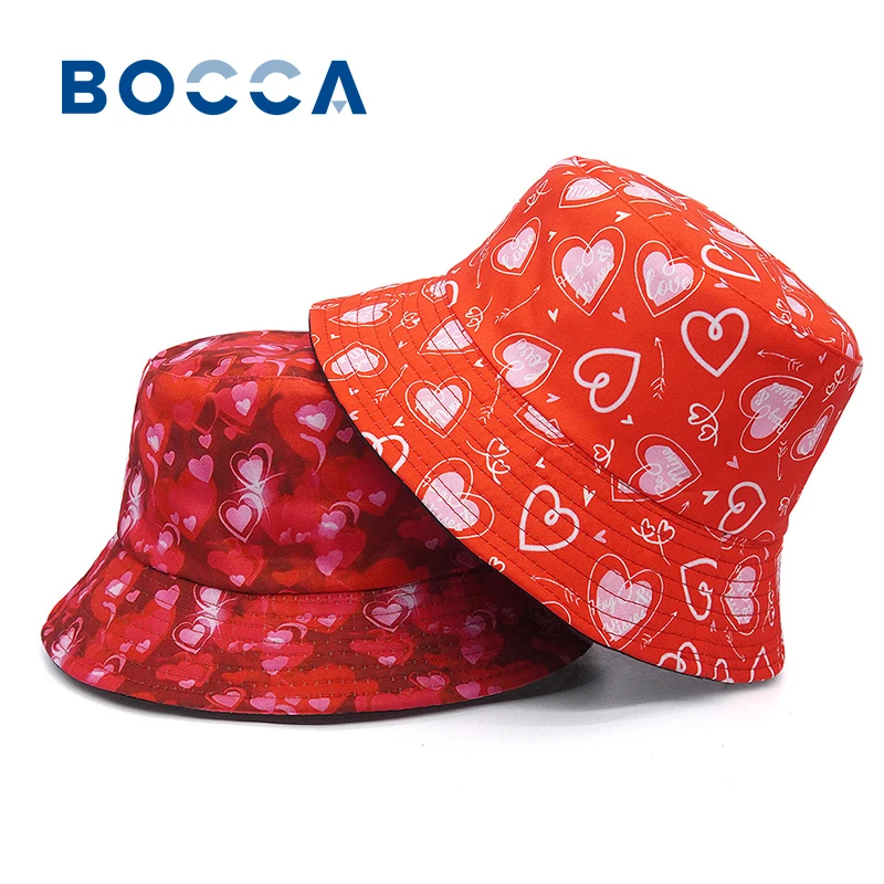 Bocca Red Love Heart Bucket Hat Pattern Fisherman Hats For Women Double Sides Reversible Panama Cap Adult Sunscreen Sunshade