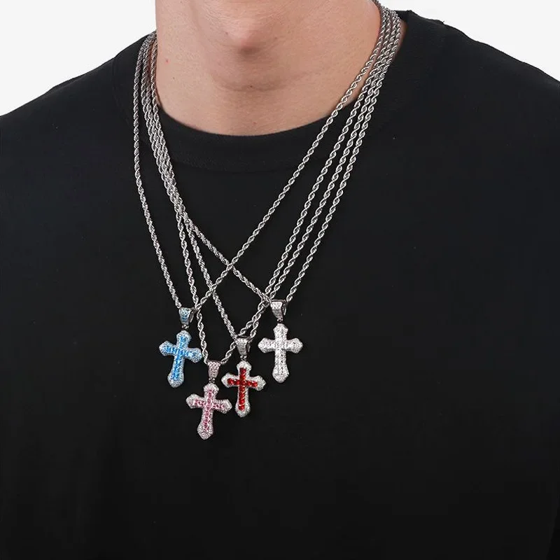 WANZHI Stainless Steel Cross Pendant Necklaces Men and Women Exquisite Full Diamond Hip-hop Couple Fashion Accessories Jewelry