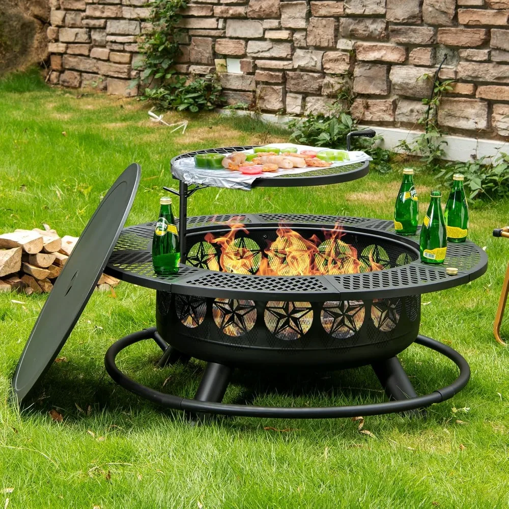 

42 Inch BBQ Fire Pit with Grill, Large Outdoor Wooding Burning Fire Pit for Camping,Picnic,Bonfire,3-in-1 Metal Table with Lid.