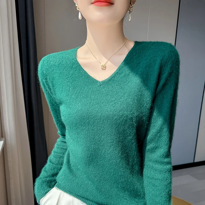 Autumn Winter New 100% Cashmere Sweater Women\'s Clothing V-Neck Knitted Pullover Tops Solid Color Long sleeved Women\'s sweater